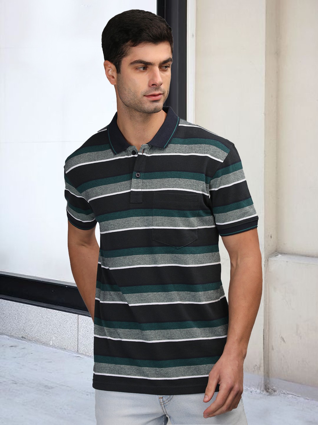 

CHKOKKO Striped Polo Collar Cotton T-shirt, Green