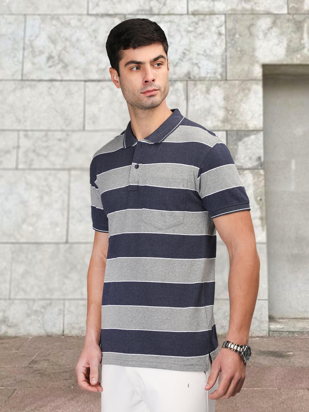 

CHKOKKO Striped Polo Collar Cotton T-shirt, Navy blue