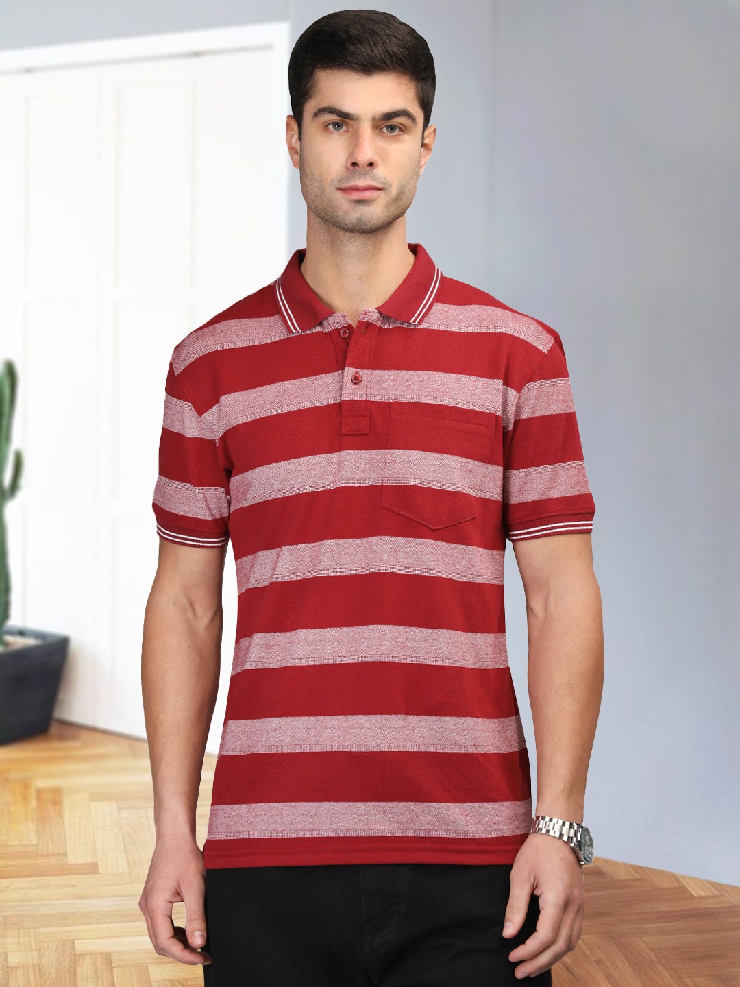 

CHKOKKO Striped Polo Collar Cotton T-shirt, Red