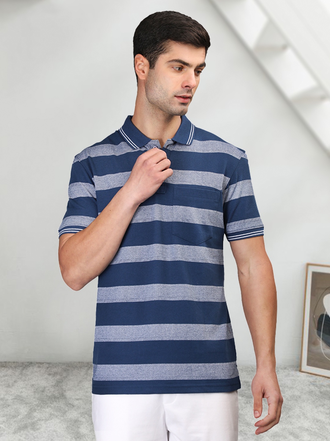 

CHKOKKO Striped Polo Collar Cotton T-shirt, Blue