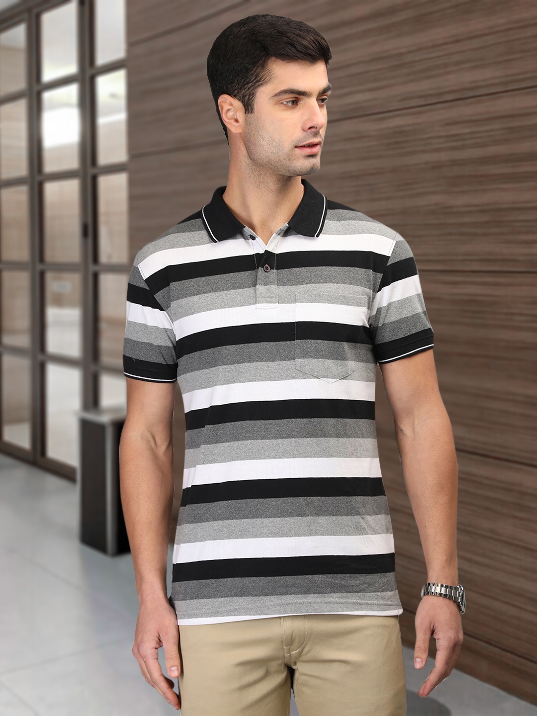 

CHKOKKO Striped Polo Collar Cotton T-shirt, Black