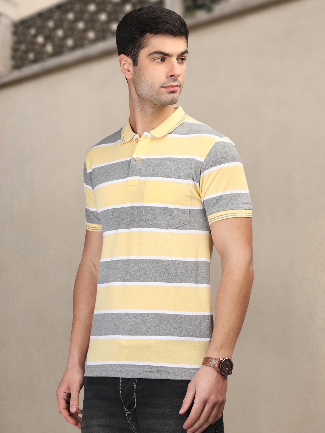 

CHKOKKO Striped Polo Collar Cotton T-shirt, Yellow