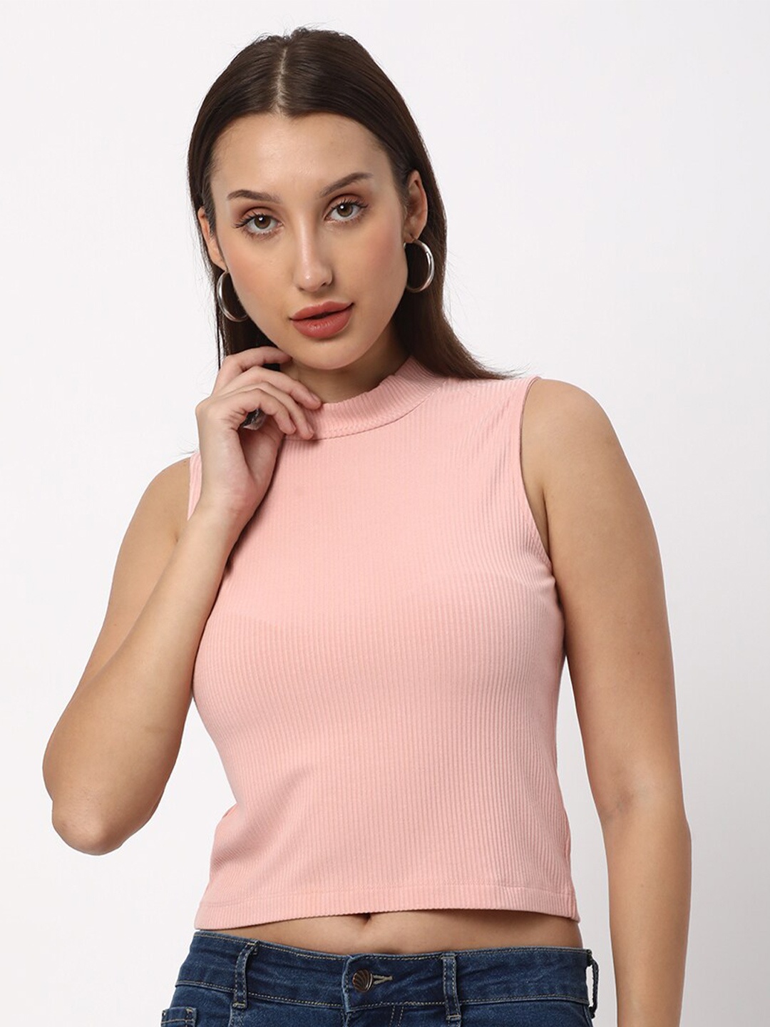 

R&B Ribbed High Neck Crop Top, Pink