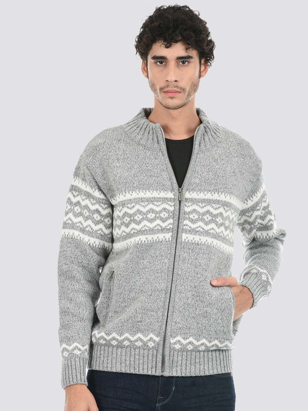 

LONDON FOG Geometric Printed Front-Open Sweater, Grey