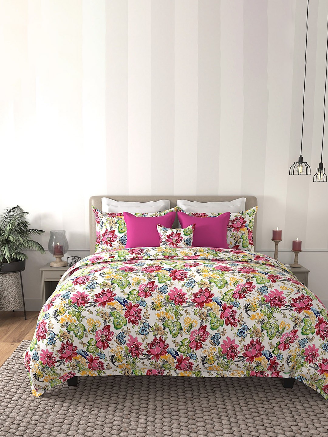 

By Adab Red & Green Floral Printed Double King Cotton Duvet Cover With 2 Pillow Covers