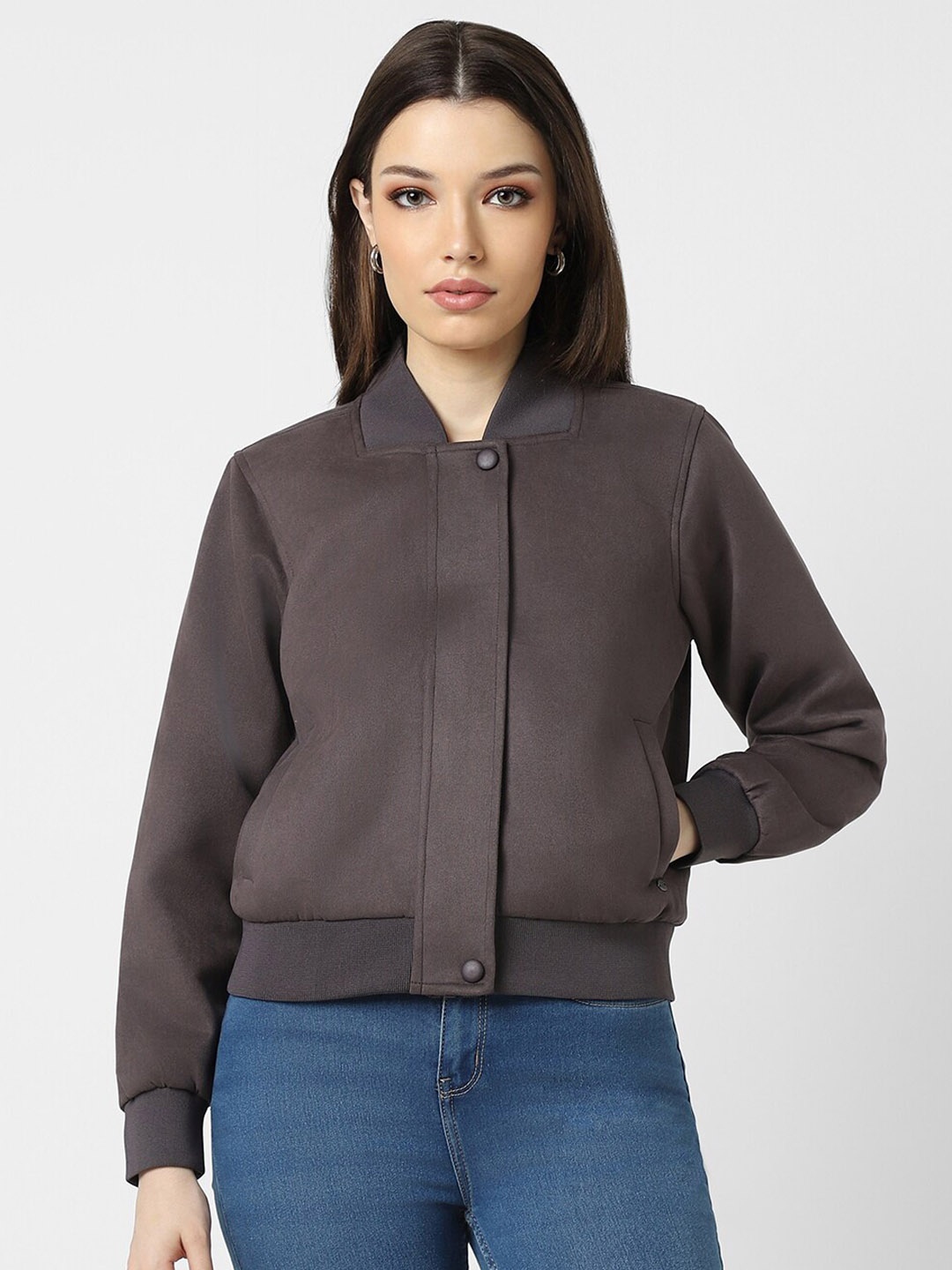 

Van Heusen Woman Stand Collar Pure Cotton Bomber Jacket, Brown