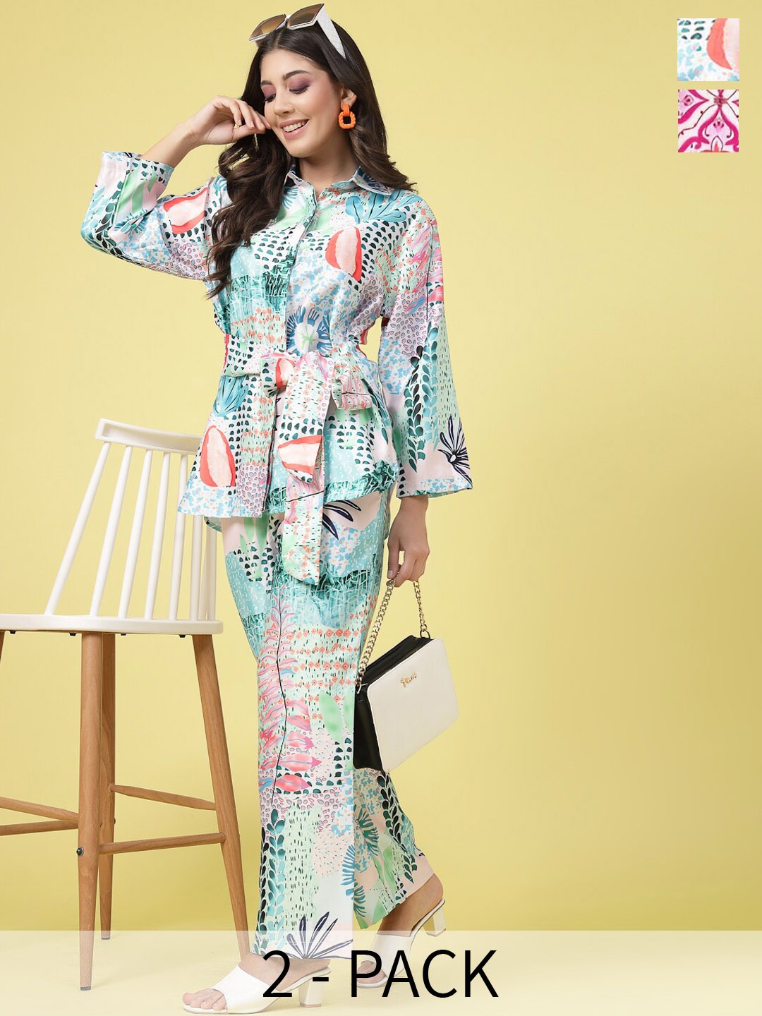 

KALINI Pack Of 2 Floral Printed Tunic With Trouser, Green