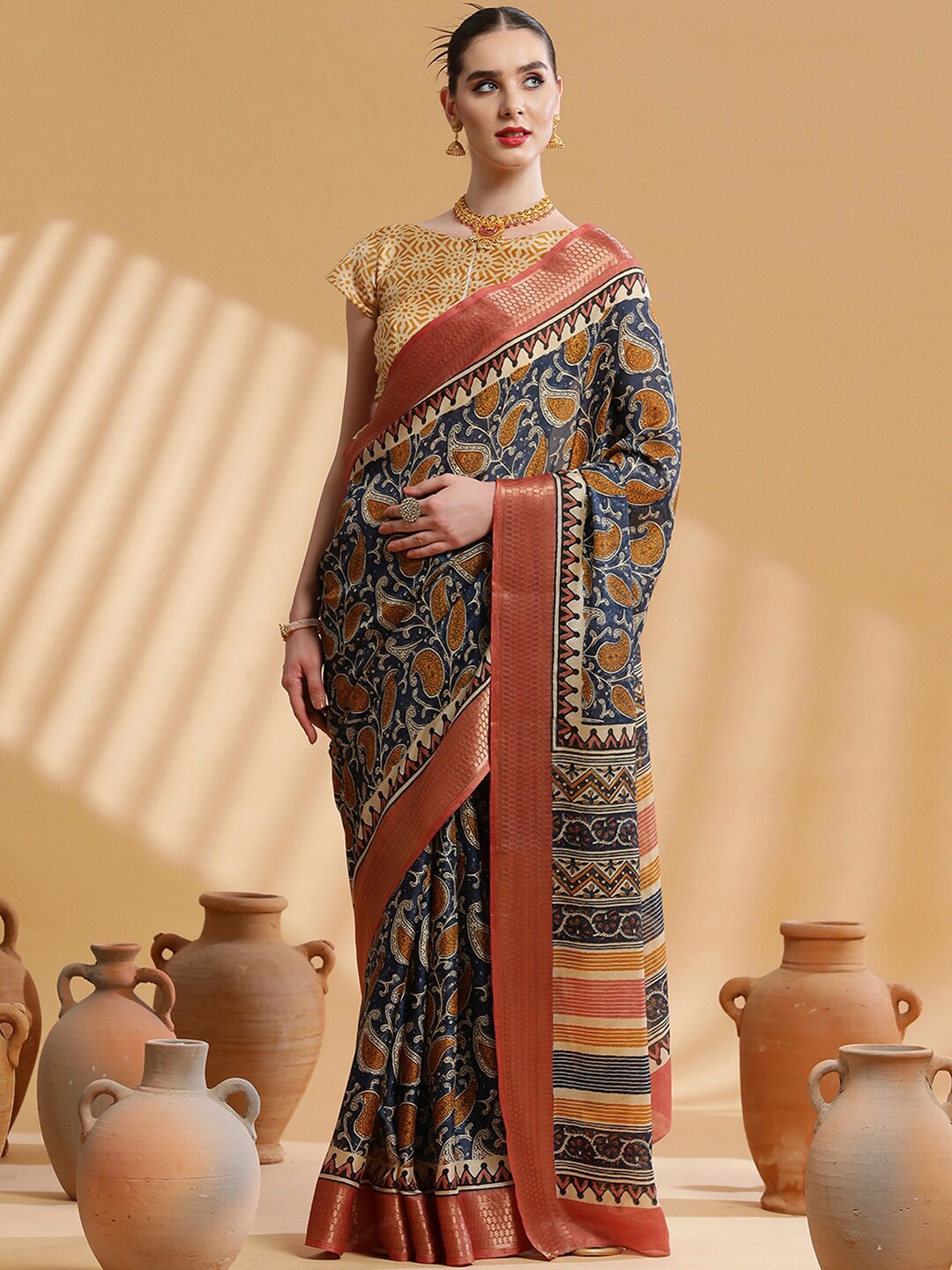 

Sangria Ethnic Motif Printed Sarees With Blouse, Navy blue