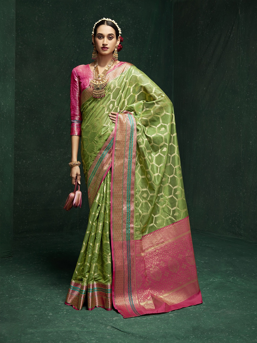 

elora Silk Cotton Designer Banarasi Saree, Olive