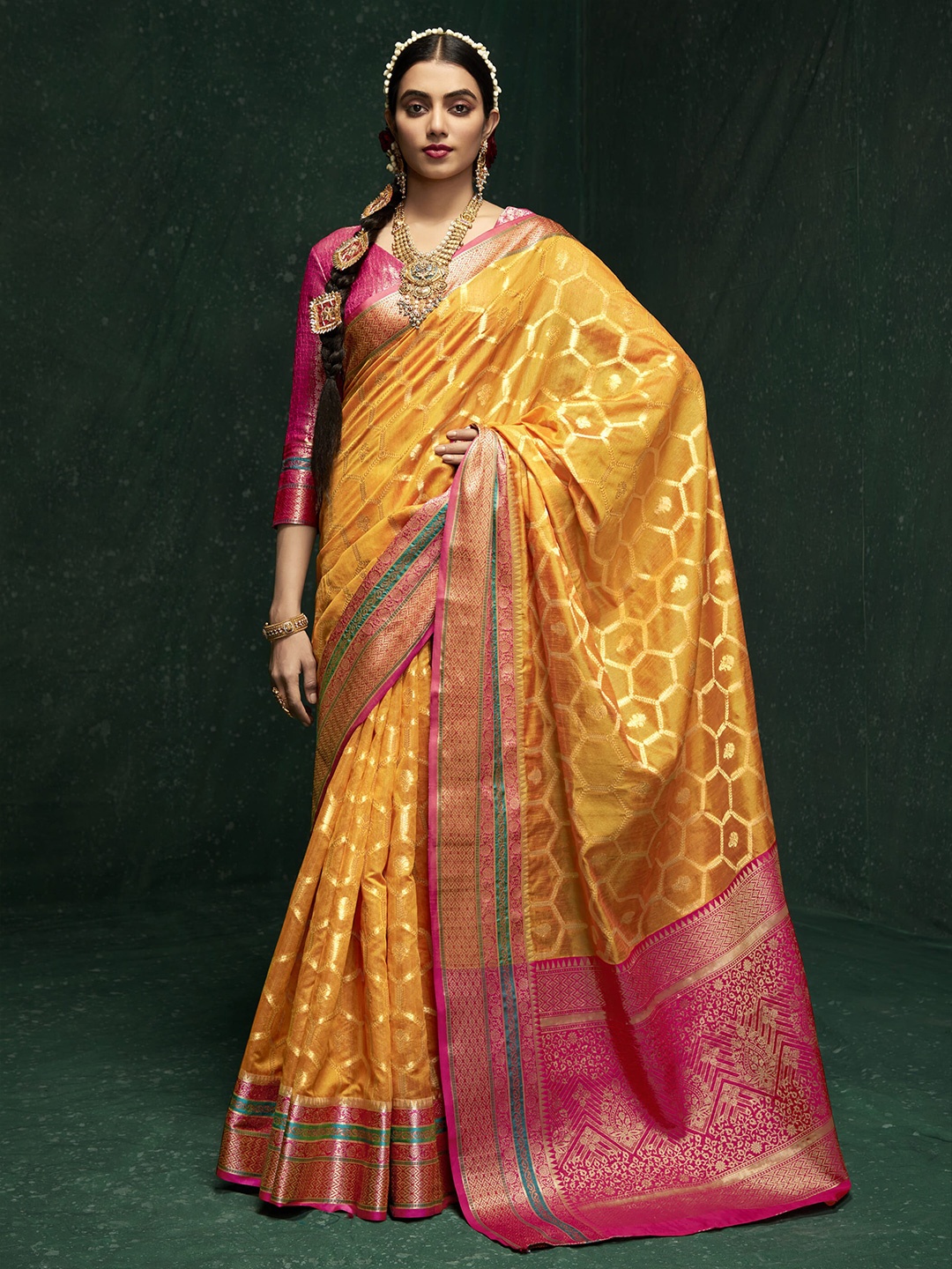 

elora Silk Cotton Designer Banarasi Saree, Yellow