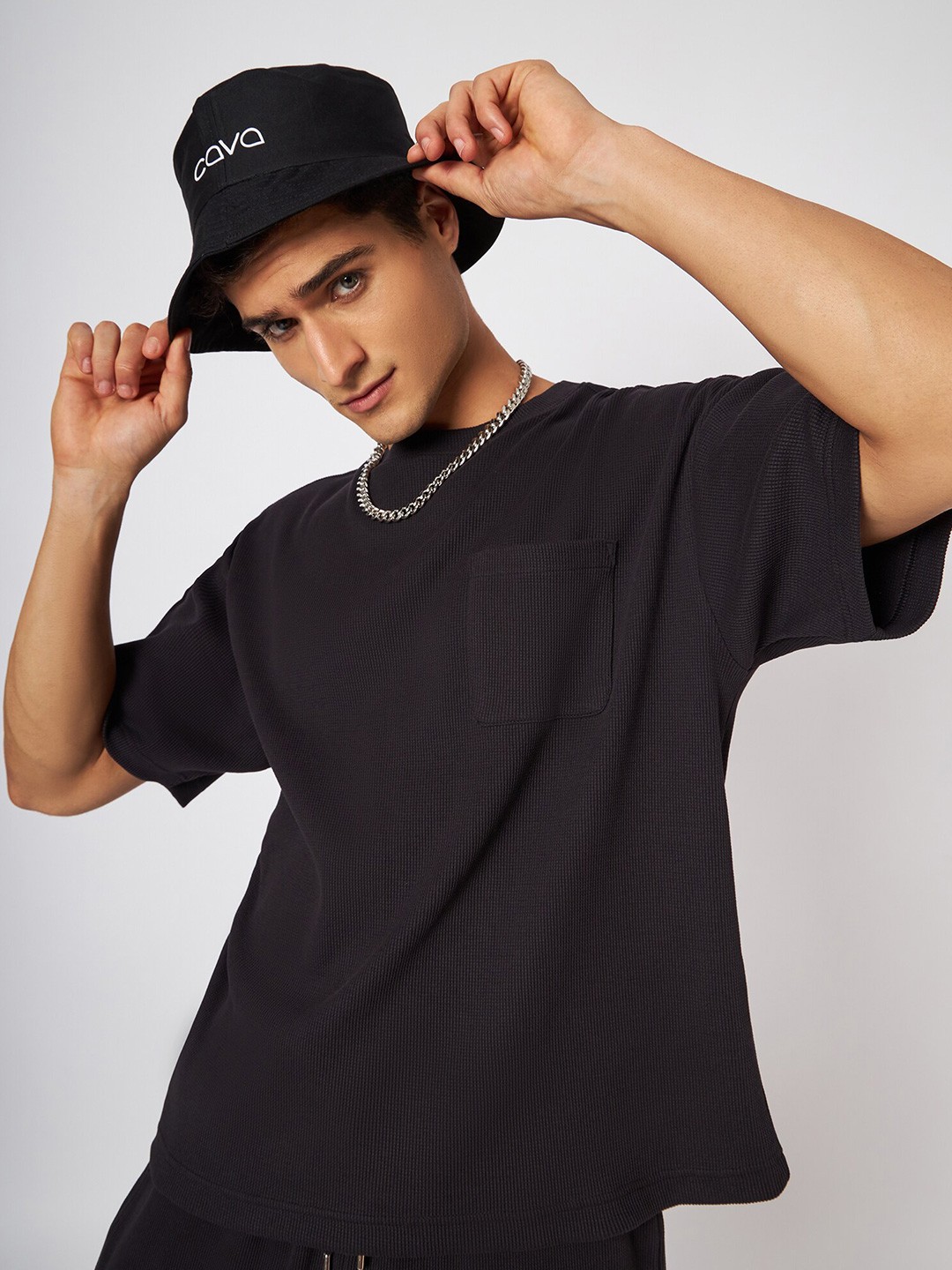 

CAVA Self Design Drop-Shoulder Sleeves Cotton Waffle T-shirt, Black