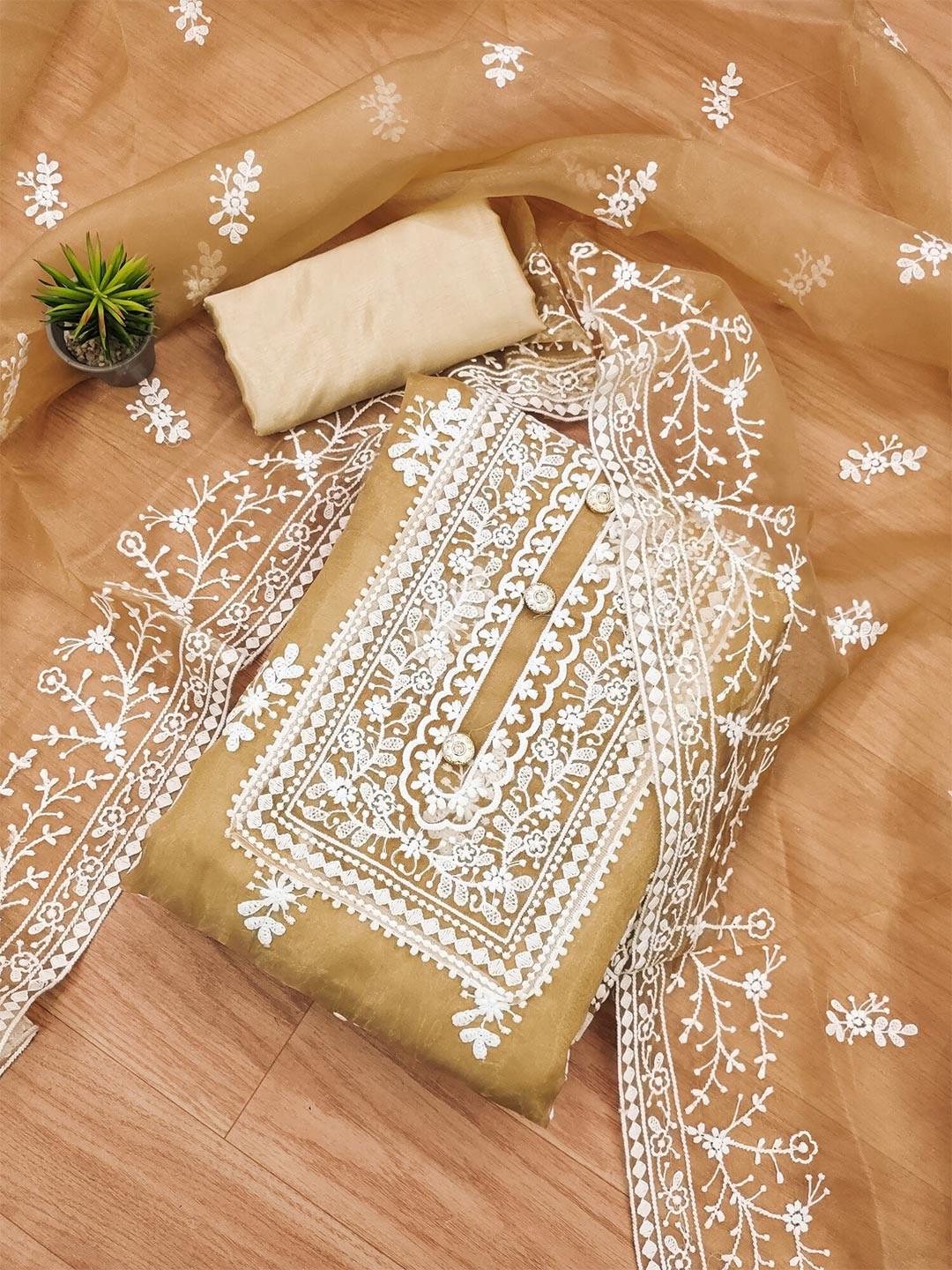 

Panzora Floral Embroidered Organza Unstitched Dress Material, Beige
