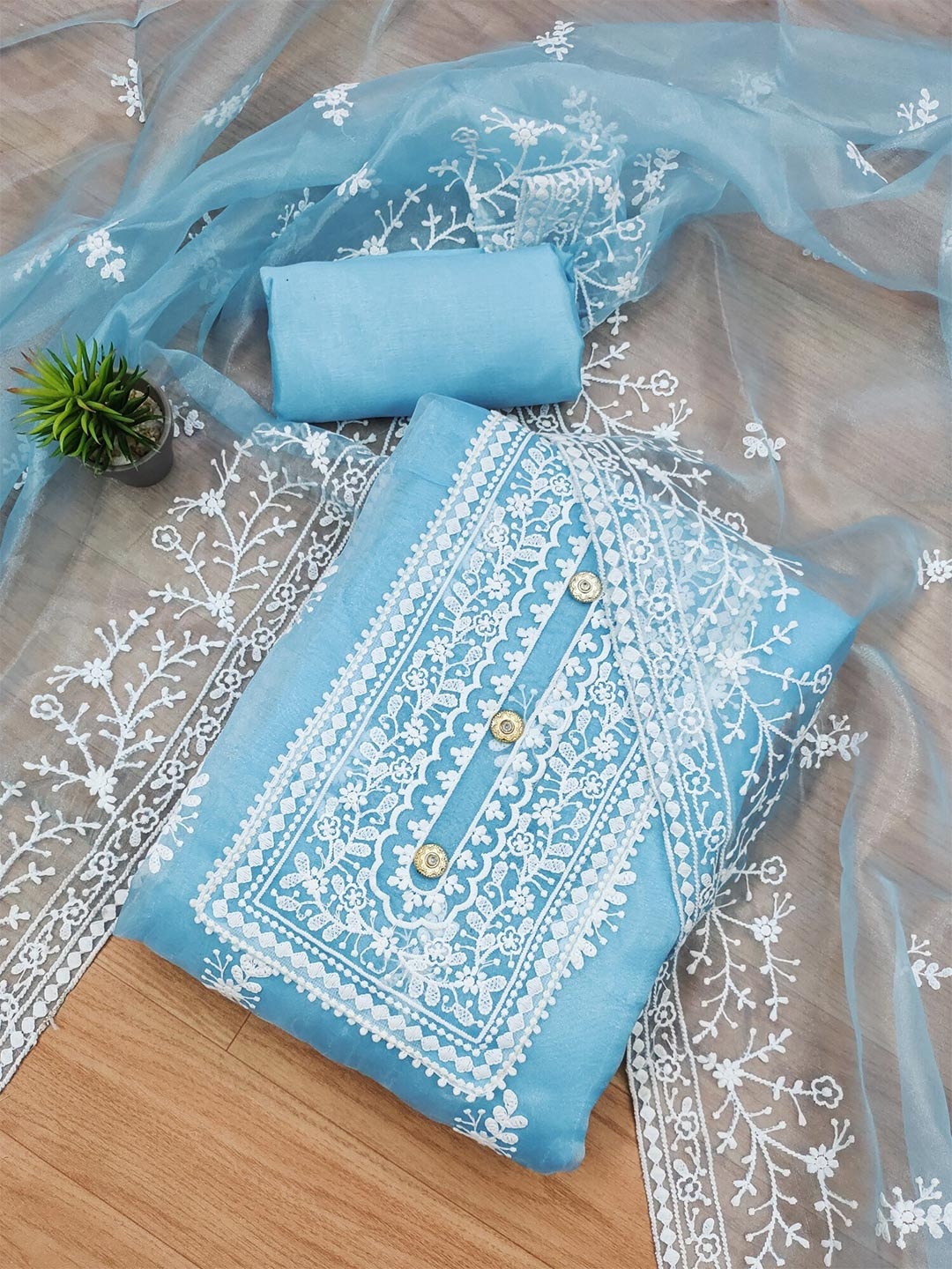 

Panzora Embroidered Organza Unstitched Dress Material, Blue