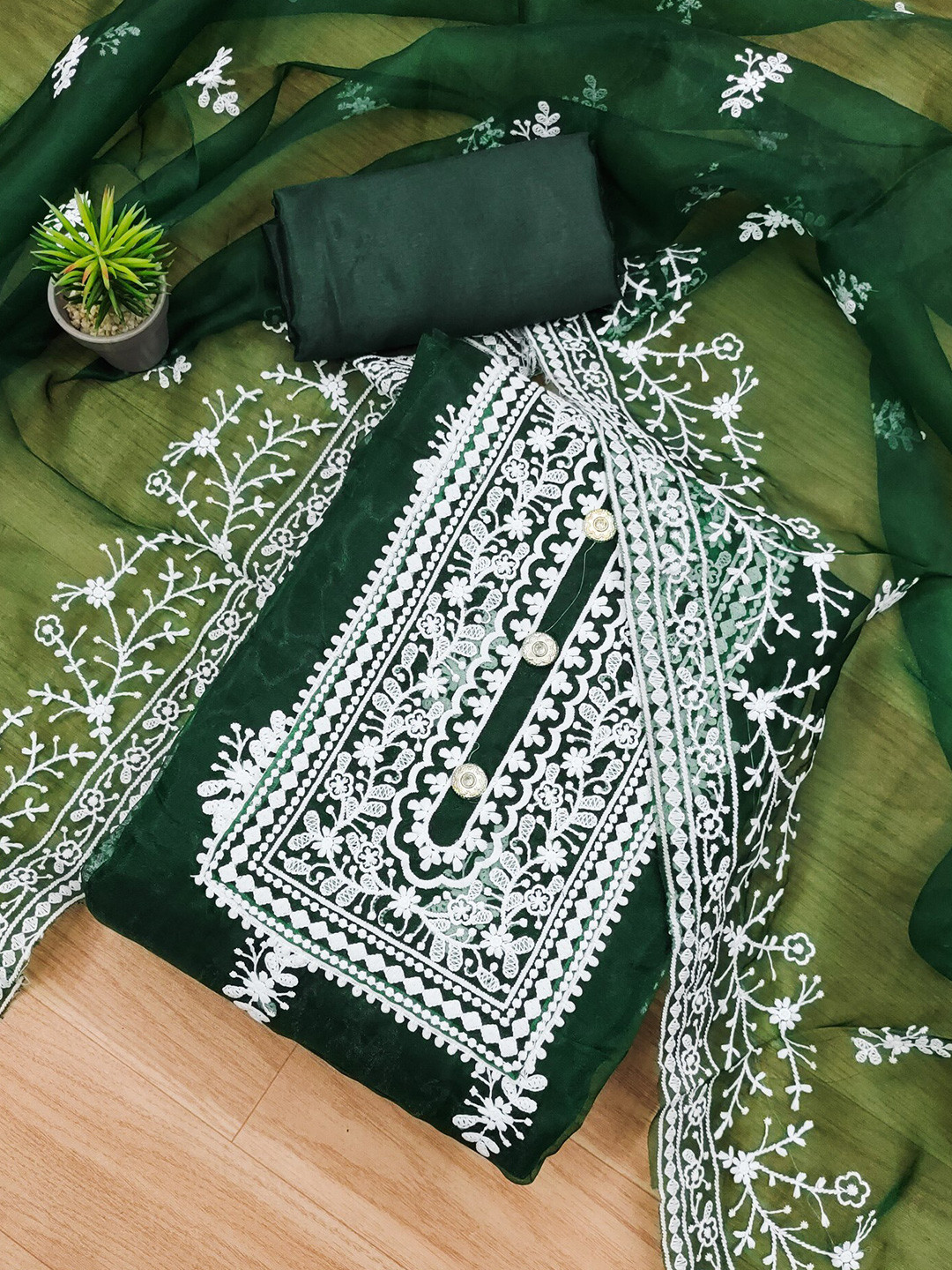 

Panzora Embroidered Organza Unstitched Dress Material, Green