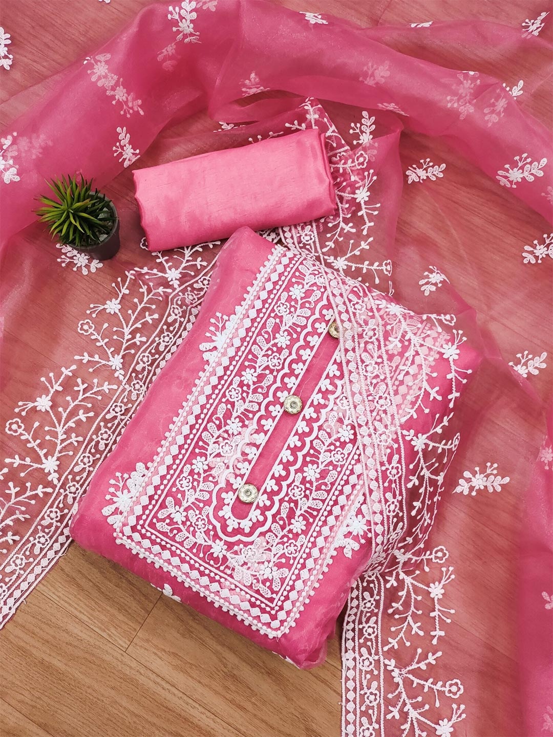 

Panzora Floral Embroidered Unstitched Dress Material, Pink