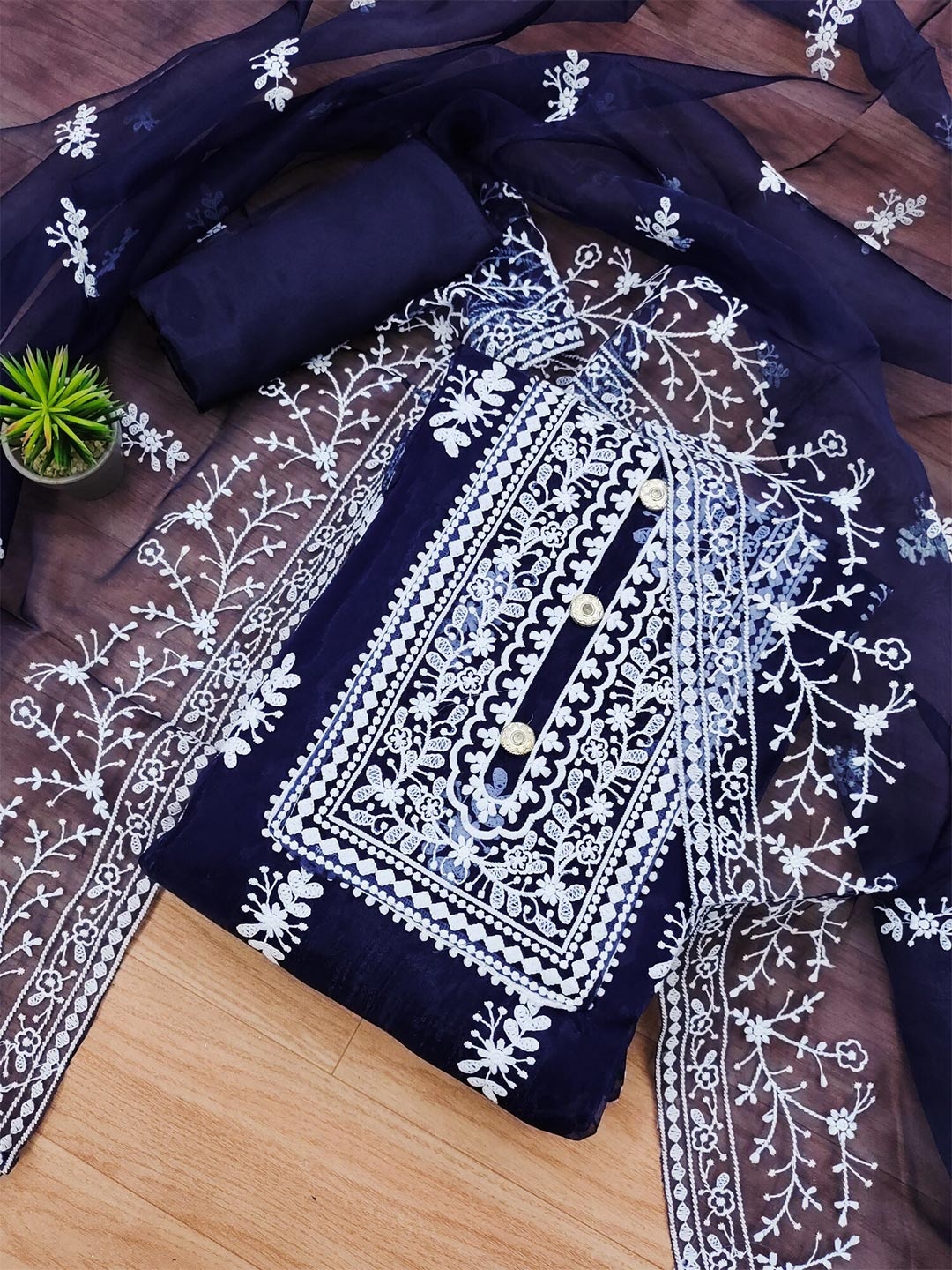 

Panzora Floral Embroidered Organza Unstitched Dress Material, Navy blue