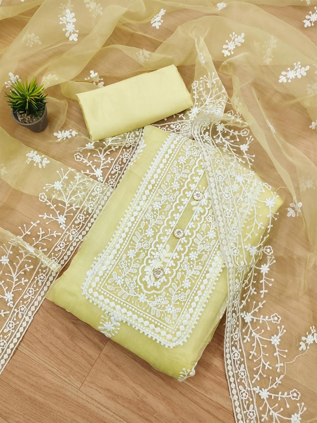 

Panzora Floral Embroidered Organza Unstitched Dress Material, Yellow