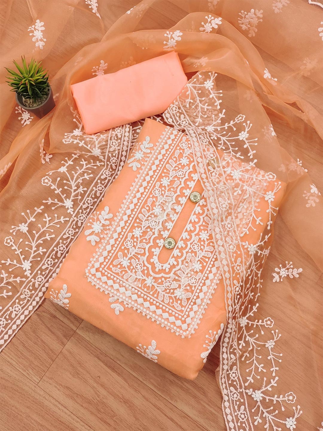 

Panzora Floral Embroidered Unstitched Dress Material, Orange