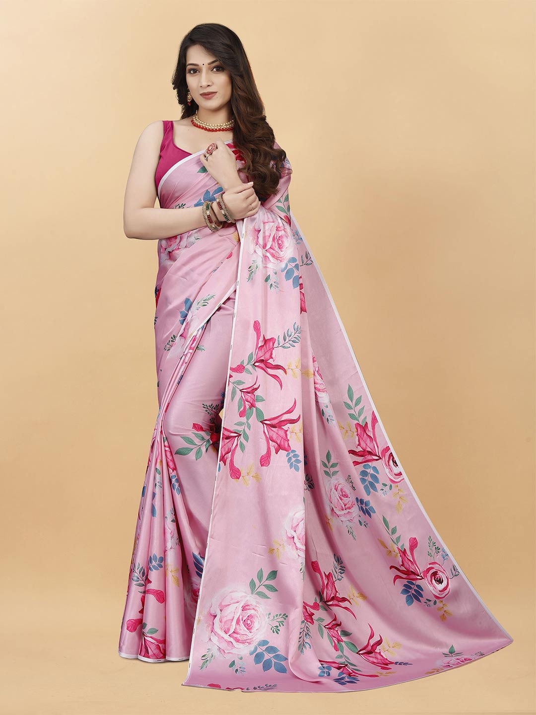 

V3 FASHION STUDIO Floral Printed Satin Saree, Pink