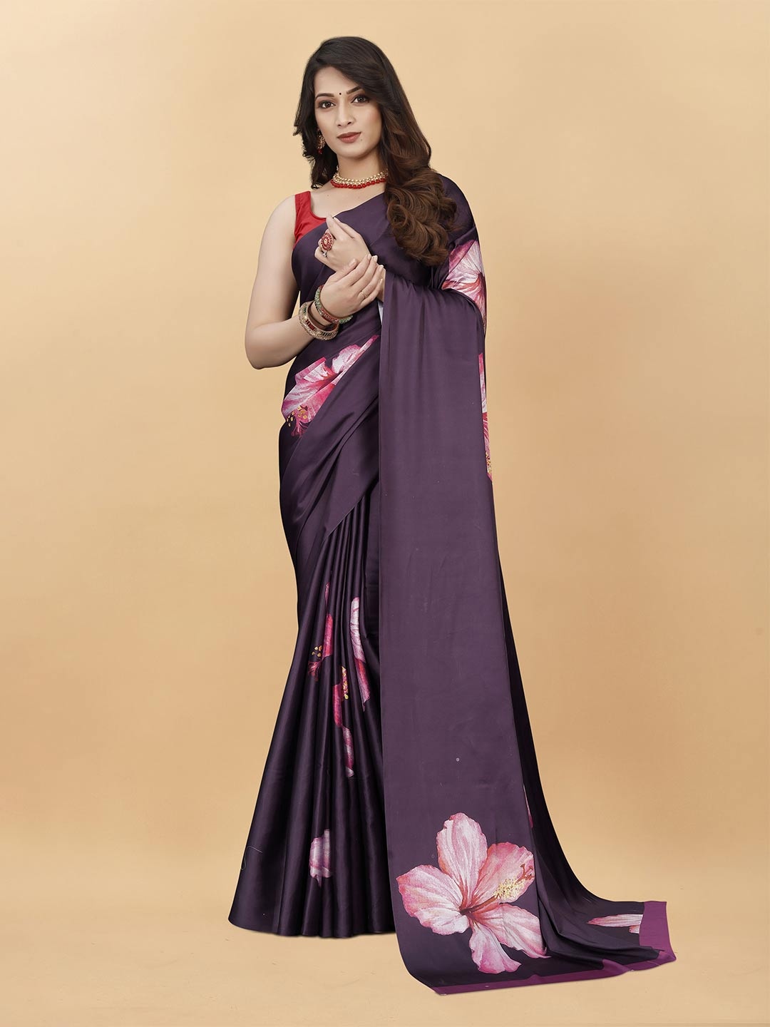 

V3 FASHION STUDIO Floral Printed Satin Saree, Purple