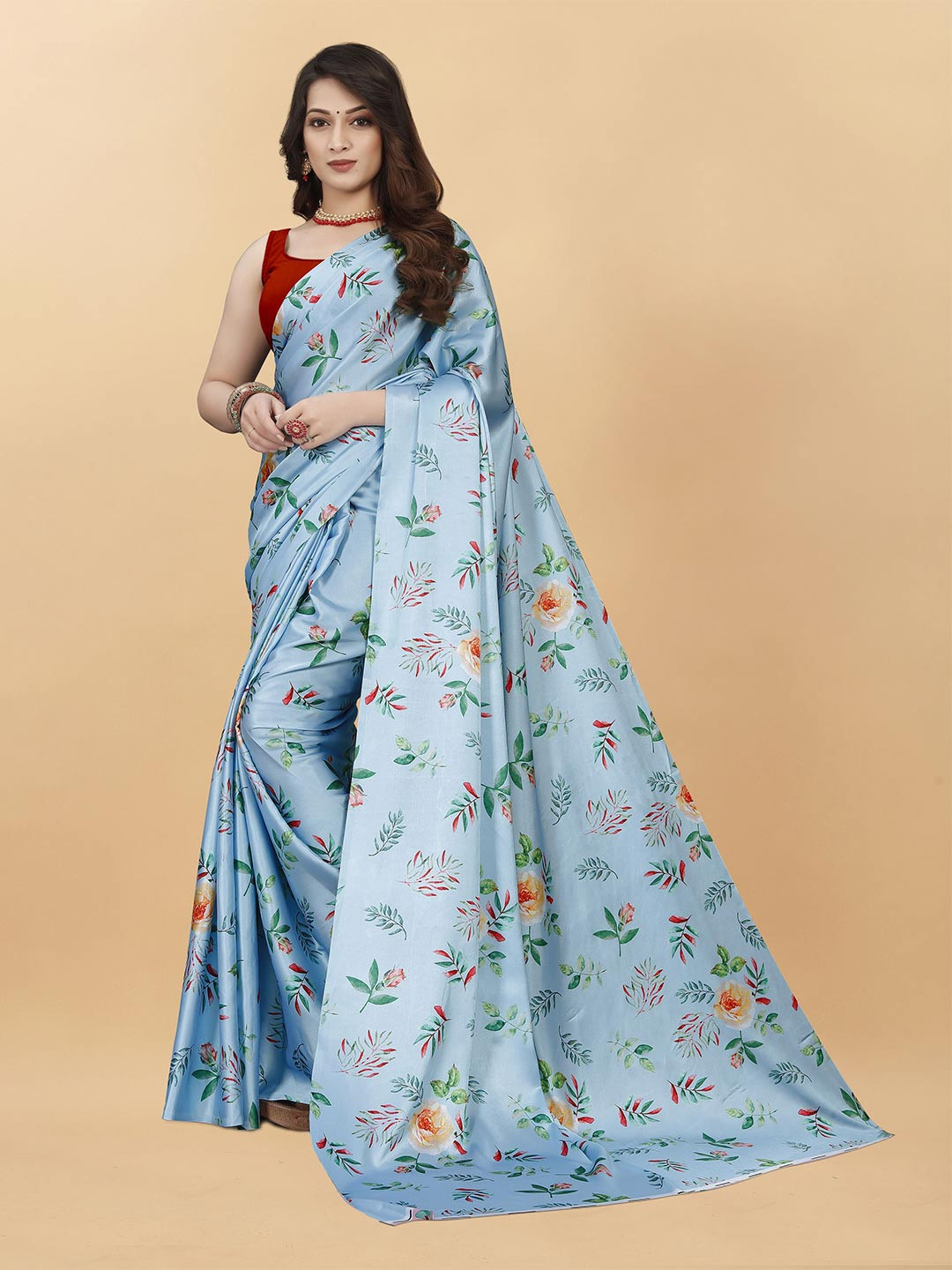 

V3 FASHION STUDIO Floral Printed Satin Saree, Blue
