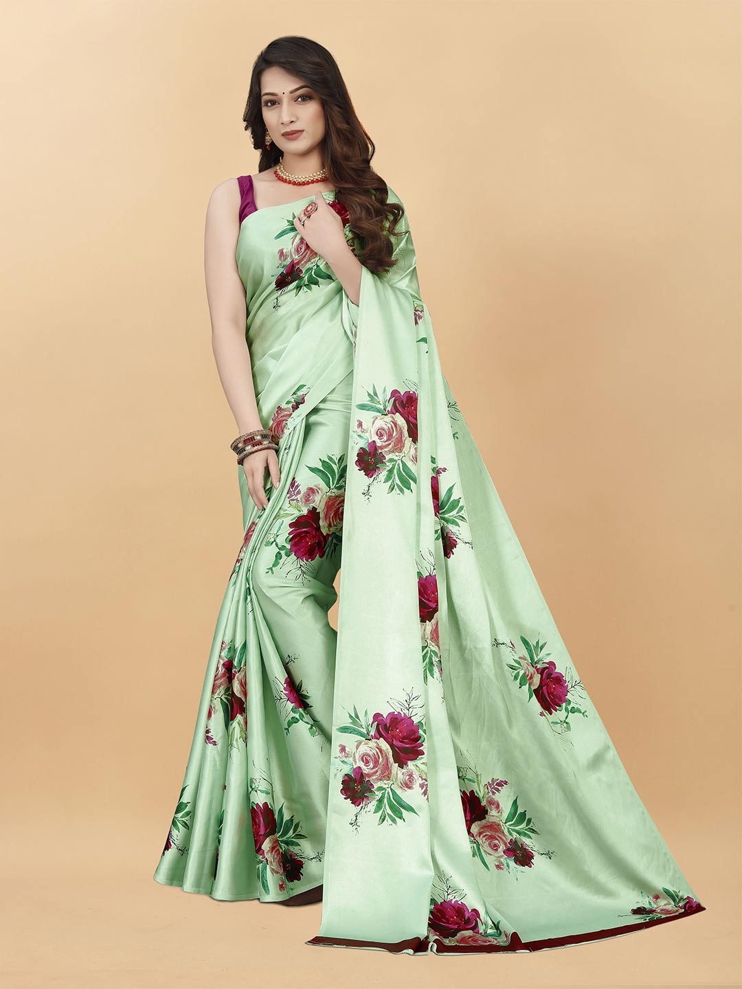 

V3 FASHION STUDIO Floral Printed Satin Saree, Olive