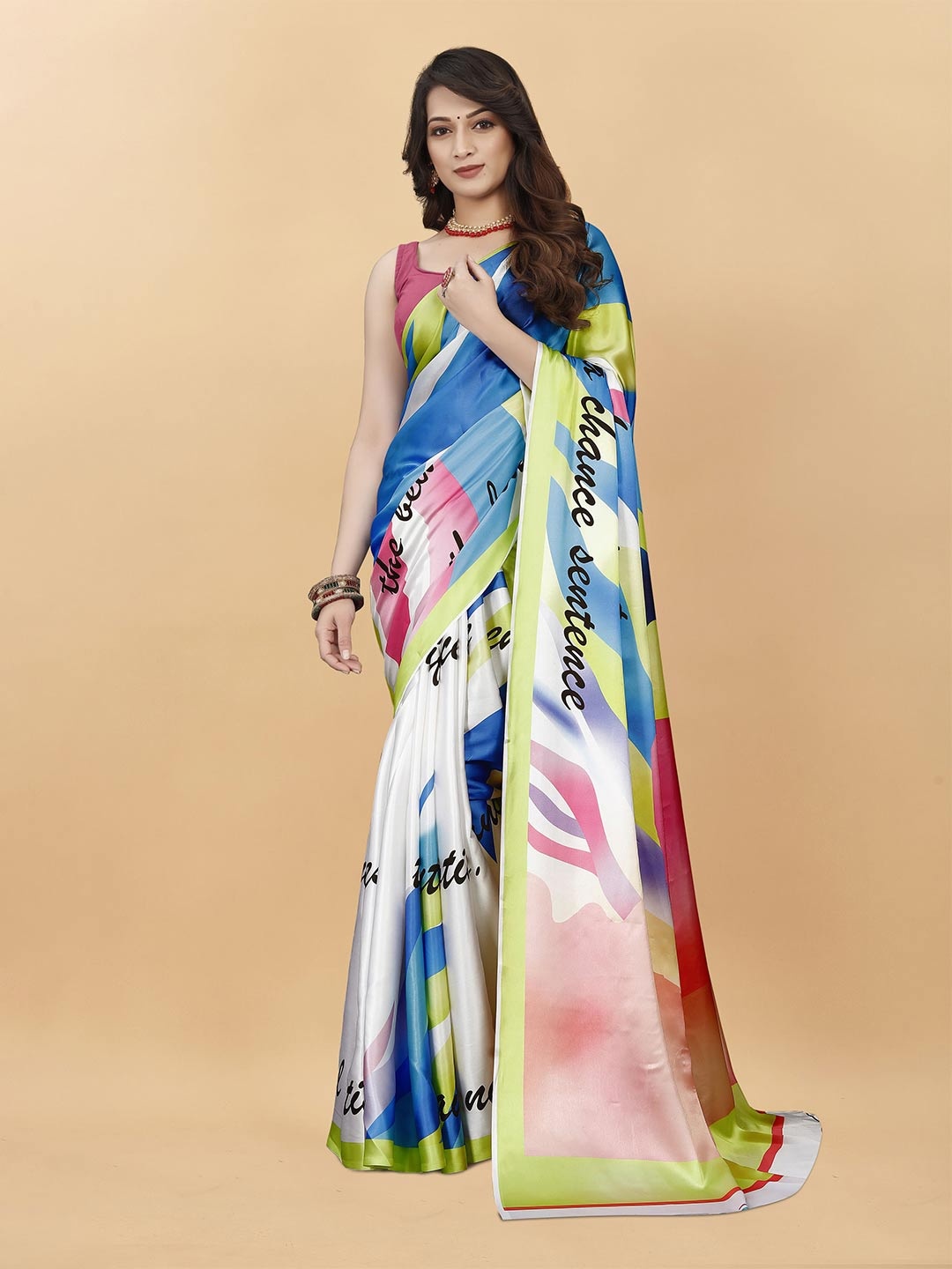 

V3 FASHION STUDIO Abstract Printed Satin Saree, White