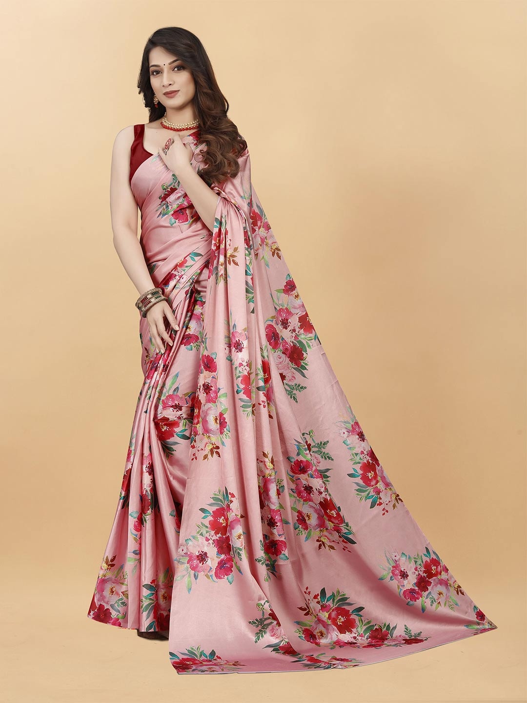

V3 FASHION STUDIO Floral Printed Satin Saree, Peach