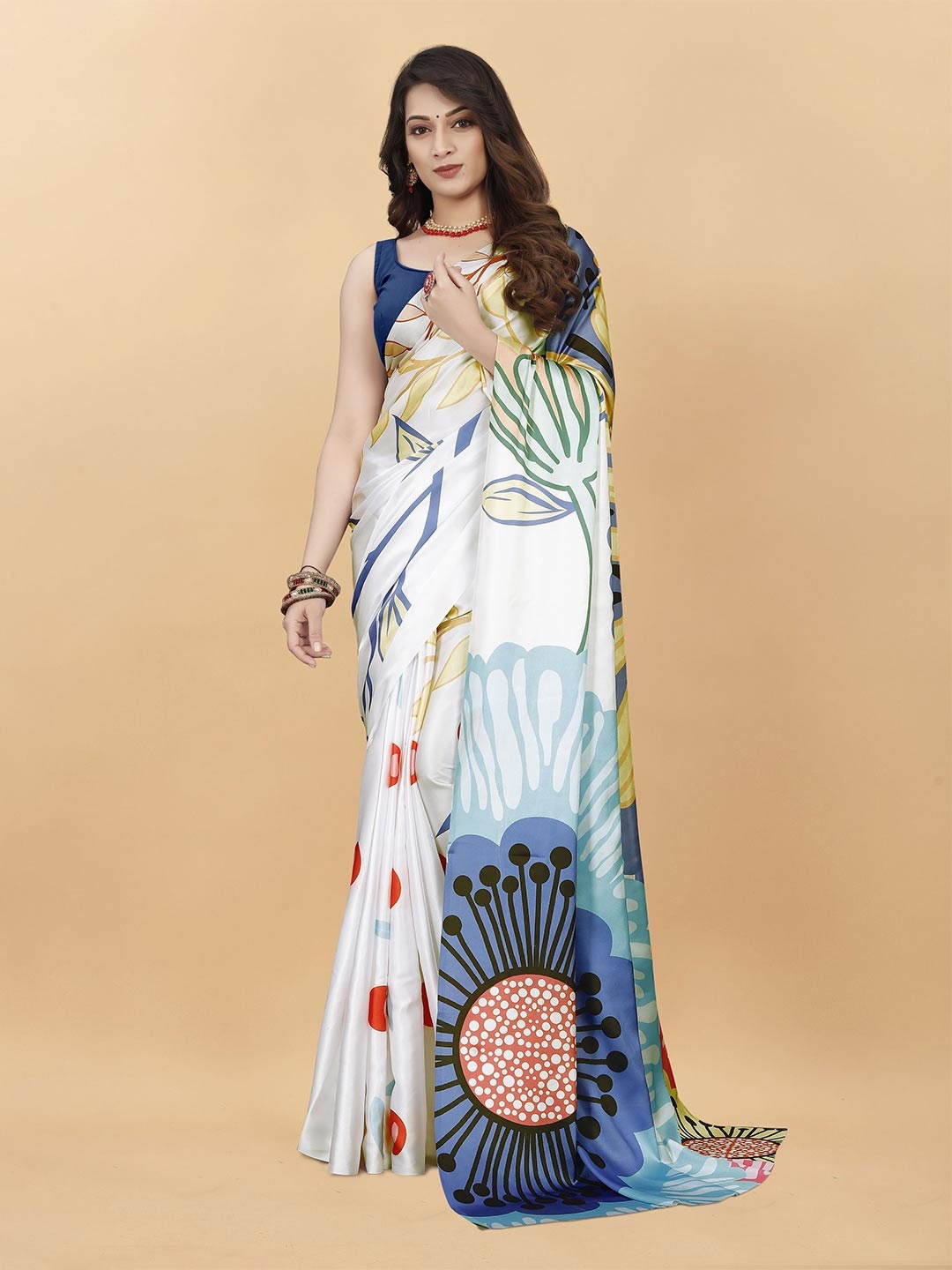 

V3 FASHION STUDIO Floral Printed Satin Saree, White