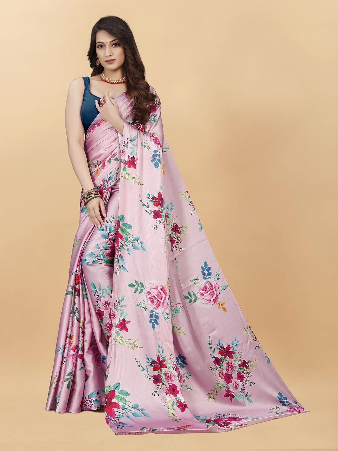 

V3 FASHION STUDIO Floral Printed Satin Saree, Pink