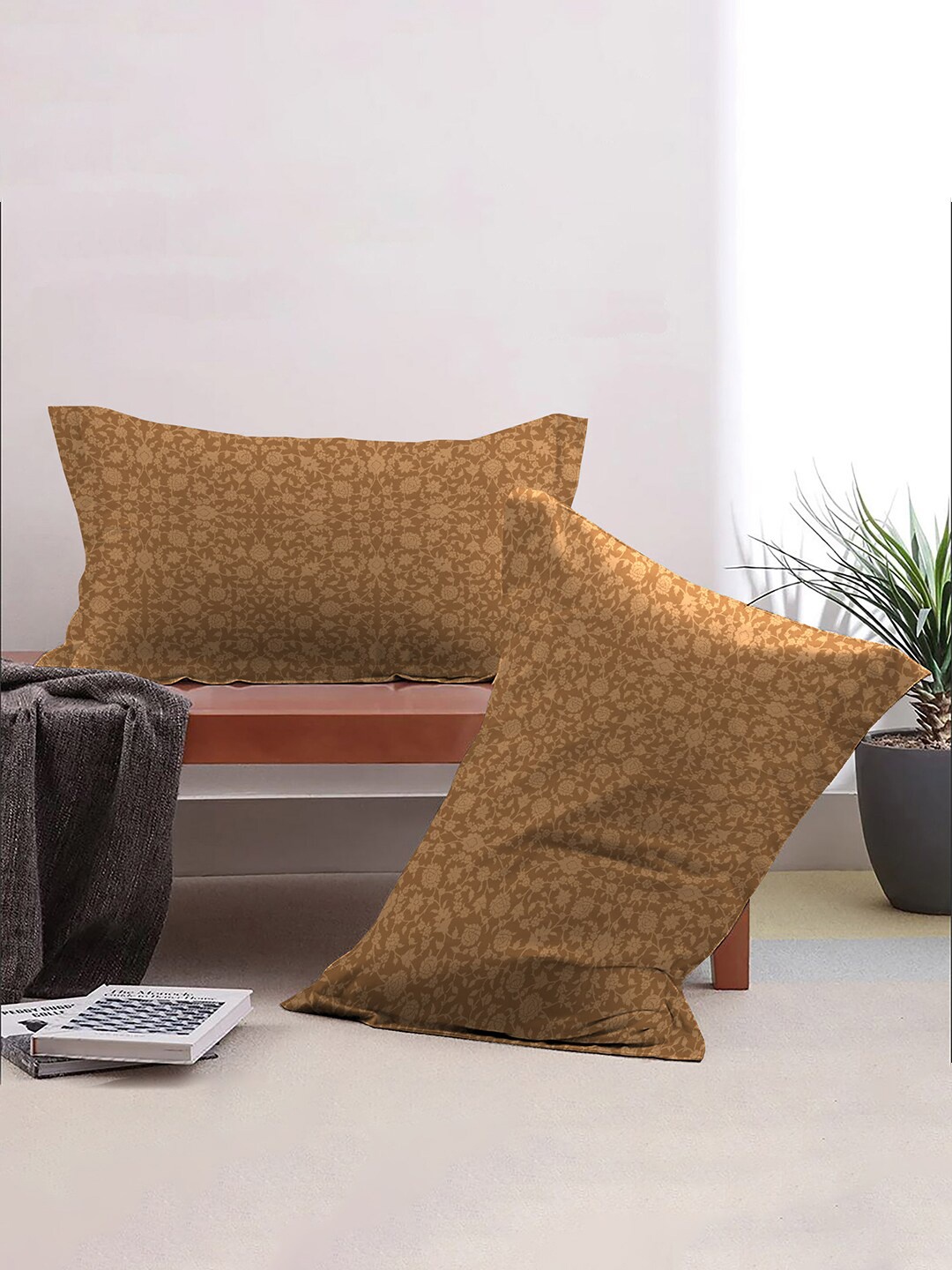 

MYTRIDENT Yellow 2 Pieces Printed Pure Cotton Rectangle Pillow Covers, Brown