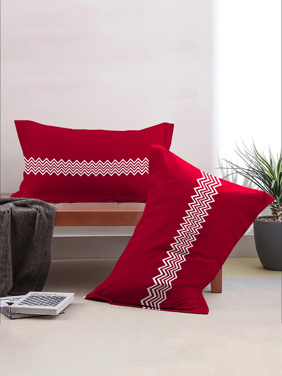 

MYTRIDENT Red & Maroon 2 Pieces Printed Pure Cotton Rectangle Pillow Covers