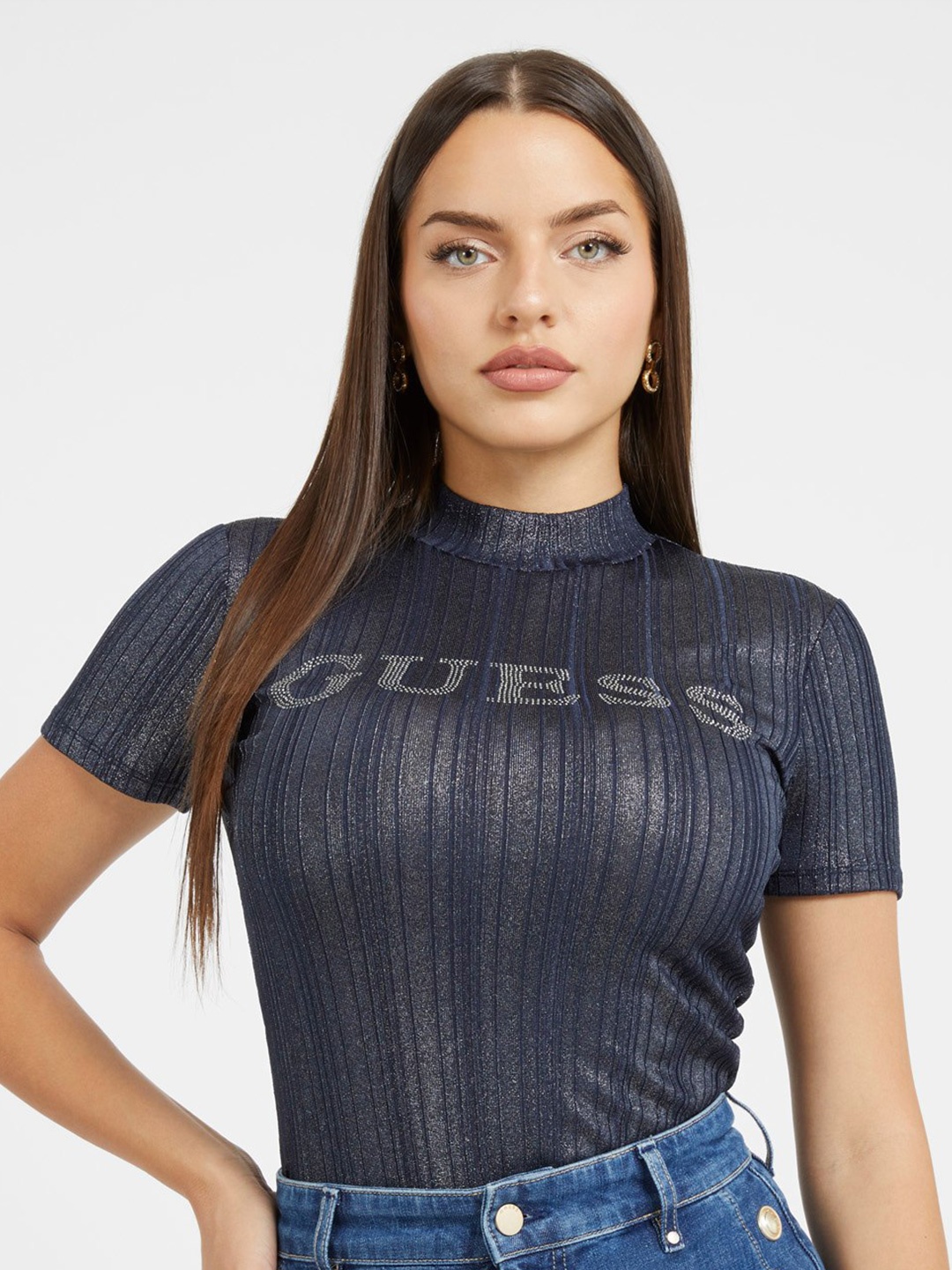 

GUESS Vertical Stripes High Neck Fitted Top, Black