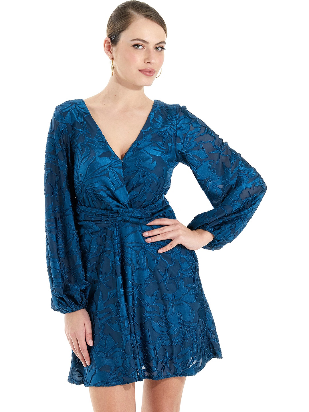 

GUESS Self Design V-Neck Puff Sleeve A-Line Dress, Blue