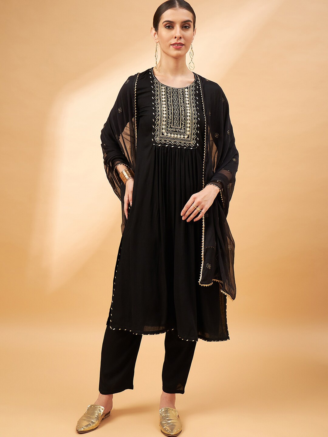 

all about you Embroidered Mirror Work Round Neck Kurta with Trousers Dupatta, Black