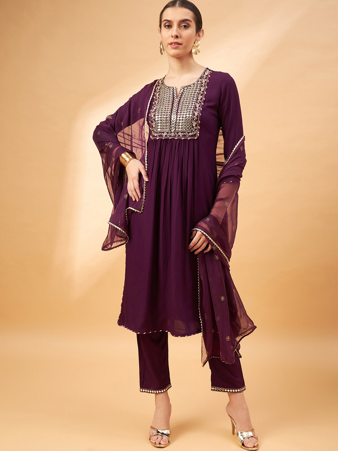 

all about you Embroidered Mirror Work A-Line Kurta with Trousers Dupatta, Burgundy