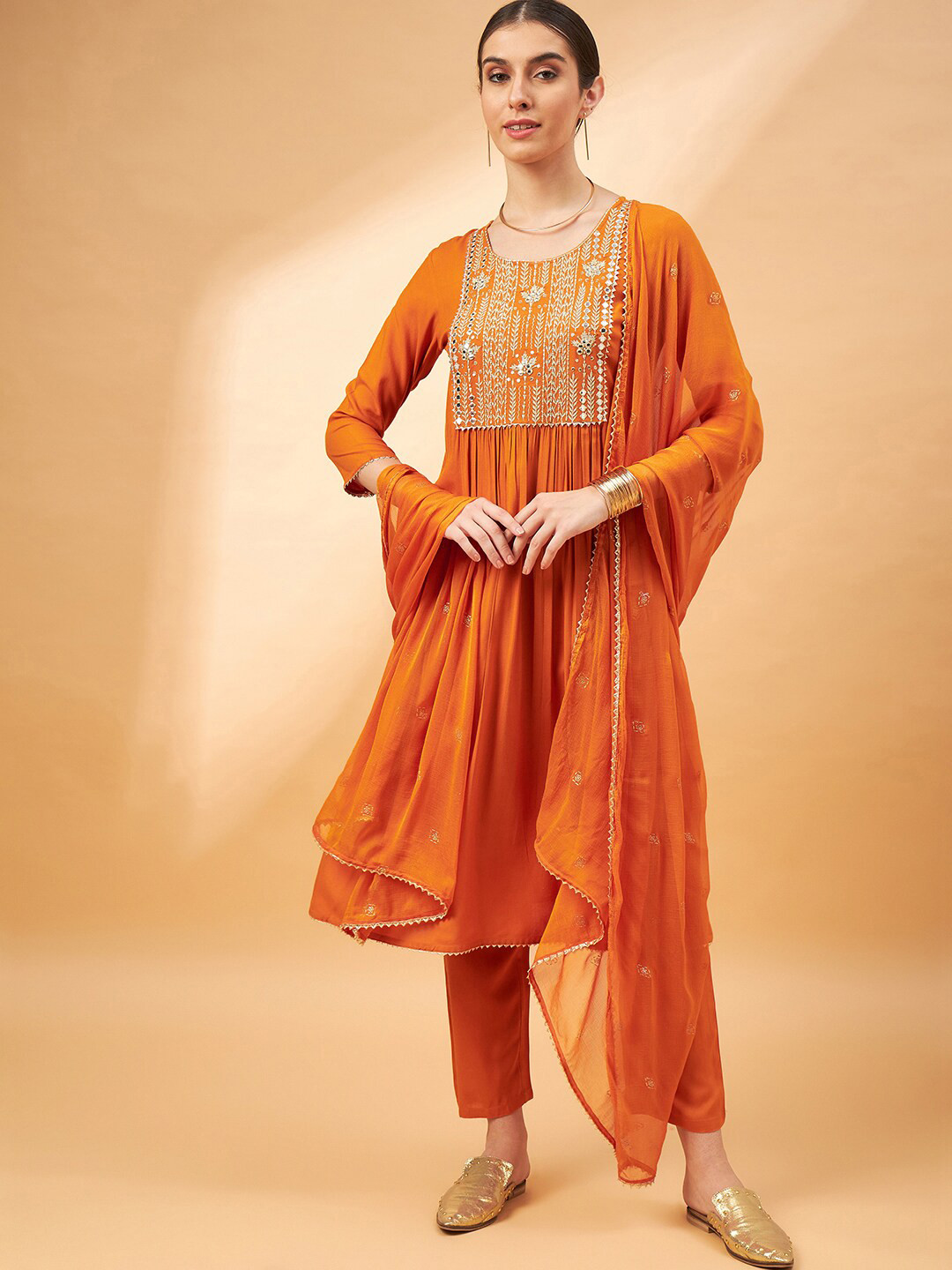 

all about you Embroidered Mirror Work Yoke Design A-Line Kurta with Trousers Dupatta, Mustard