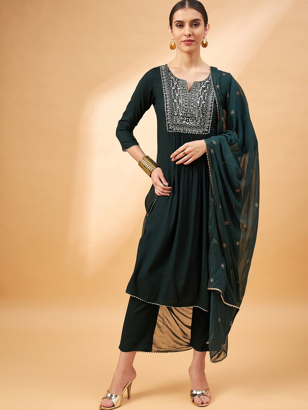 

all about you Embroidered Mirror Work Kurta with Trousers Dupatta, Olive