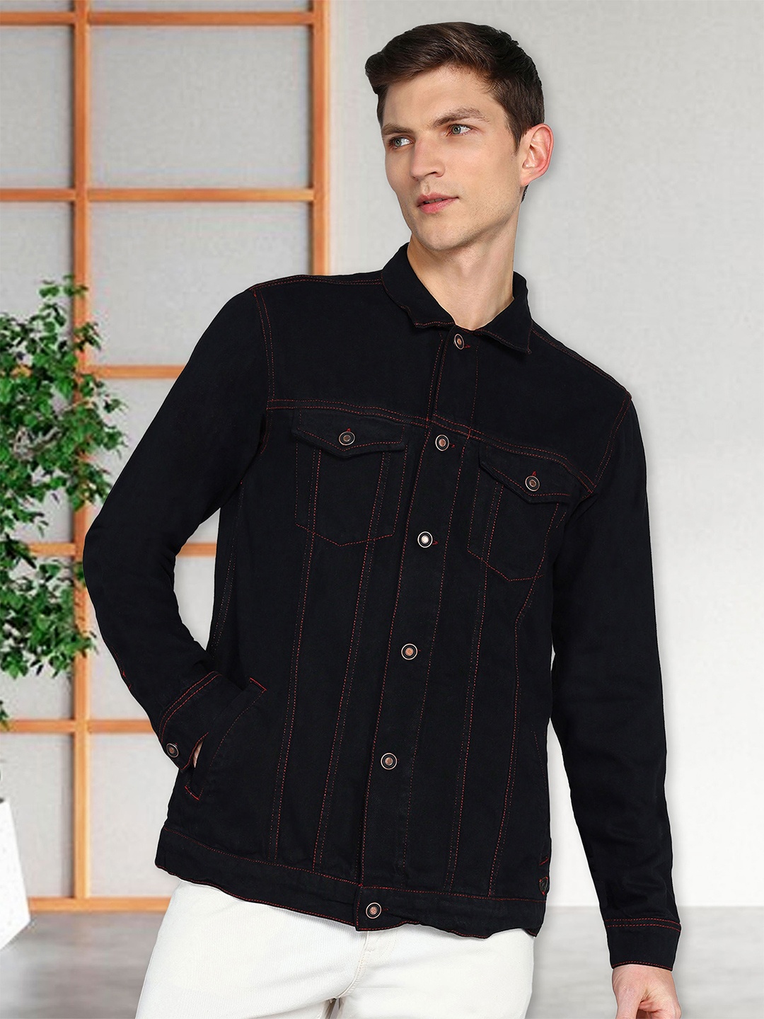 

Kuons Avenue Washed Spread Collar Long Sleeves Denim Jacket, Black