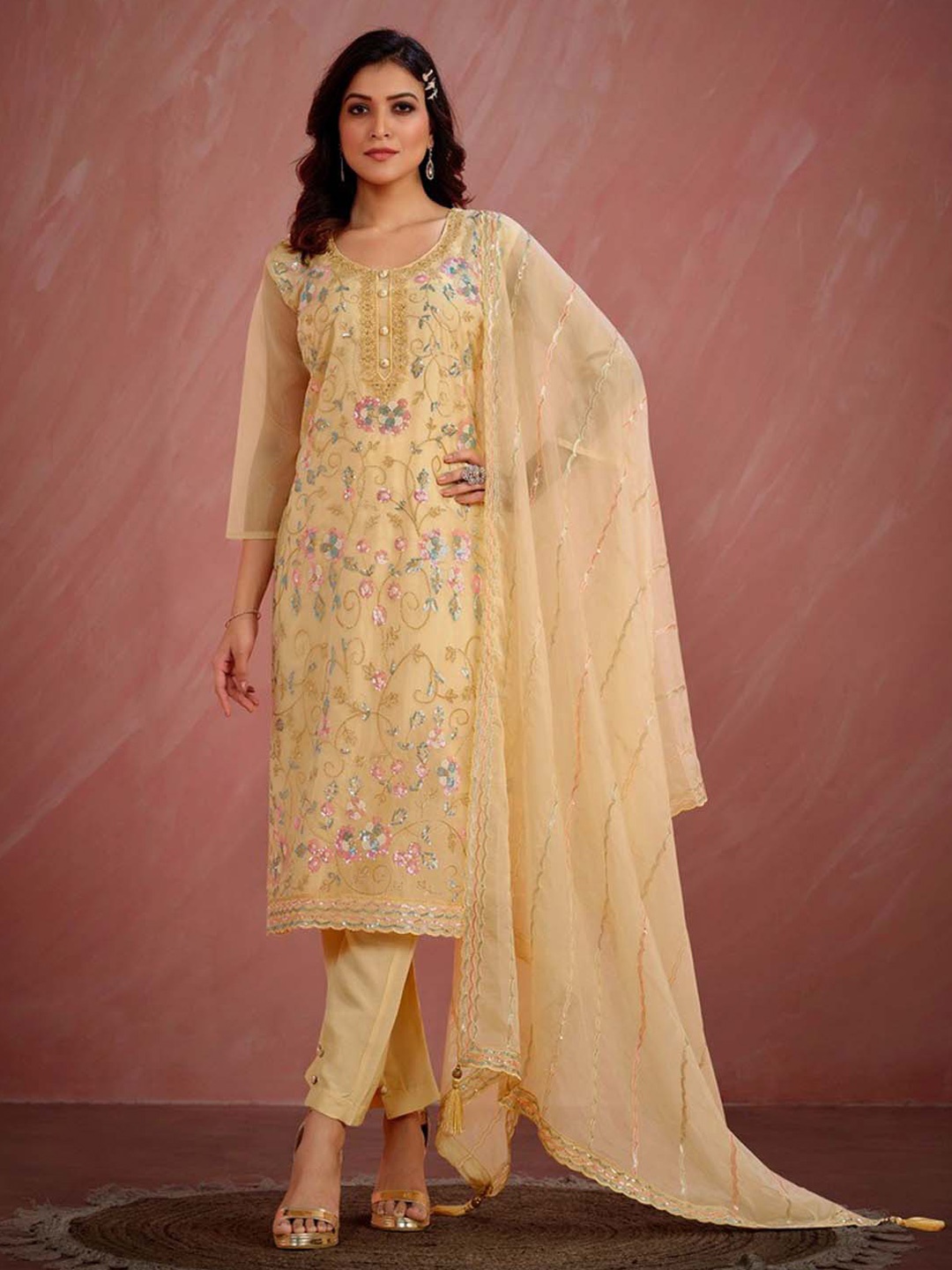 

Meena Bazaar Mustard Floral Embroidered Sequined Organza Unstitched Dress Material
