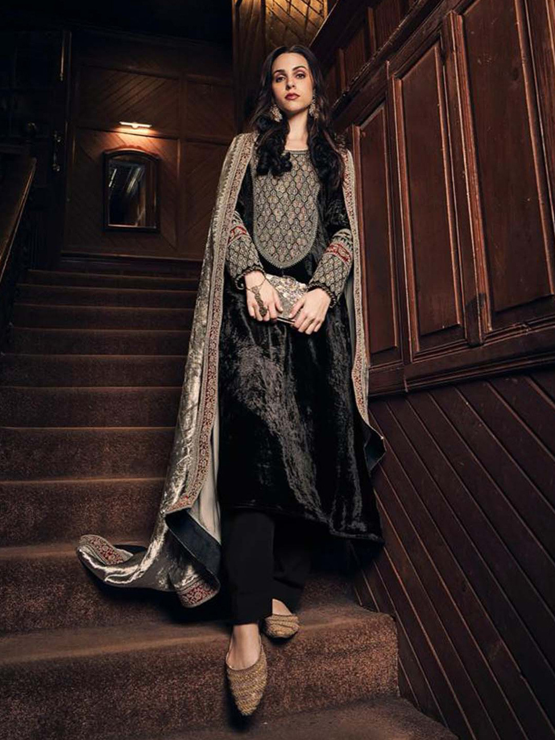 

Meena Bazaar Embroidered Velvet Unstitched Dress Material, Black