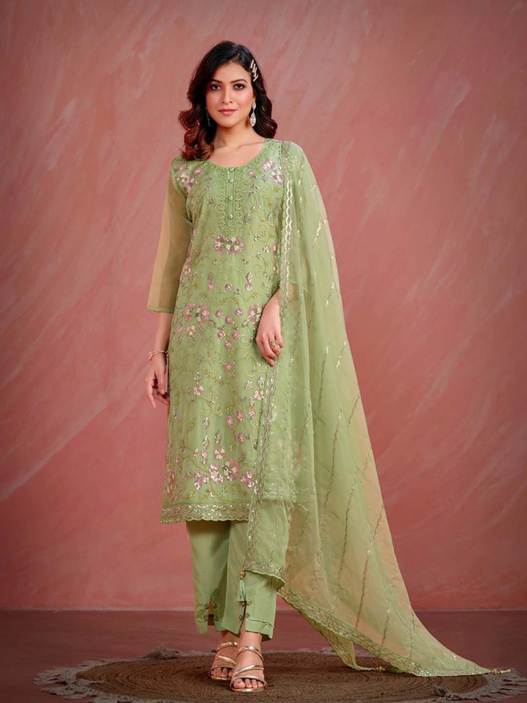 

Meena Bazaar Green Embroidered Organza Unstitched Dress Material