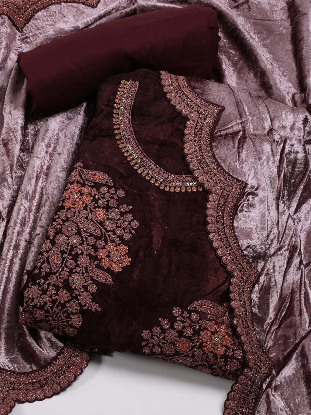 

Meena Bazaar Burgundy & Red Embroidered Velvet Unstitched Dress Material