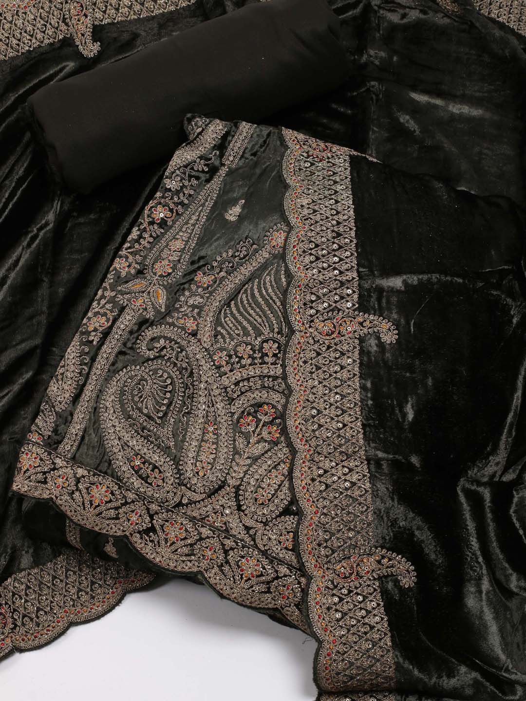 

Meena Bazaar Black Embroidered Velvet Unstitched Dress Material
