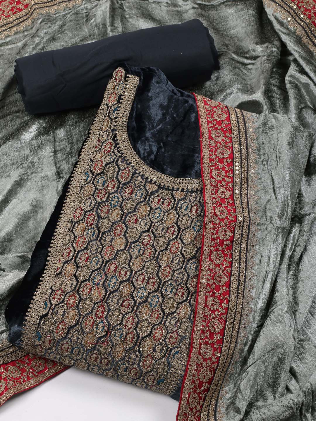 

Meena Bazaar Blue Embroidered Velvet Unstitched Dress Material