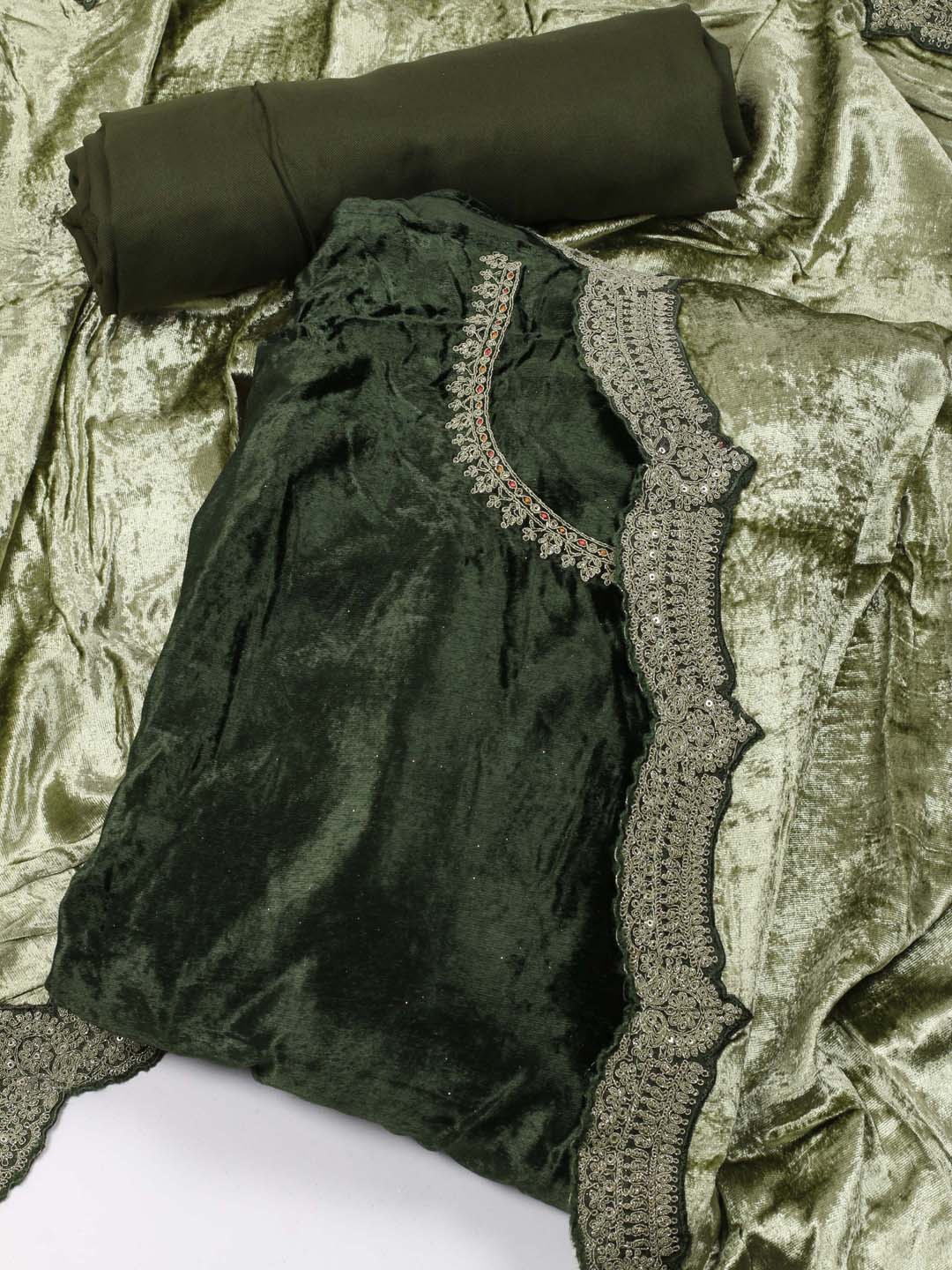 

Meena Bazaar Green Embroidered Velvet Unstitched Dress Material