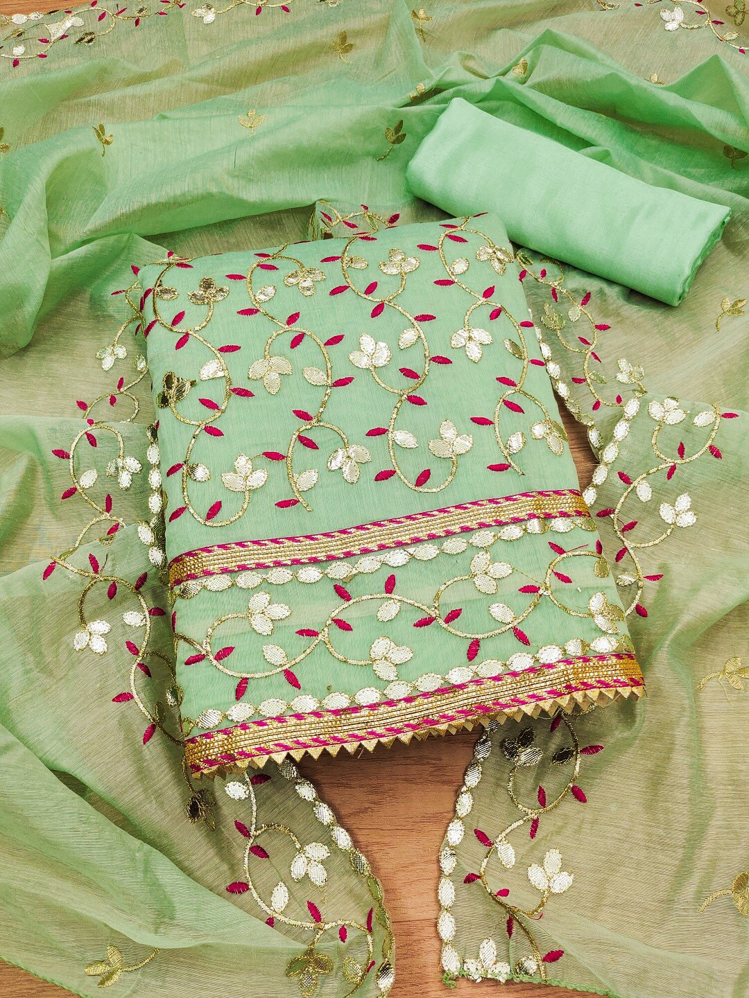 

Panzora Ethnic Motifs Embroidered Art Silk Unstitched Dress Material, Green