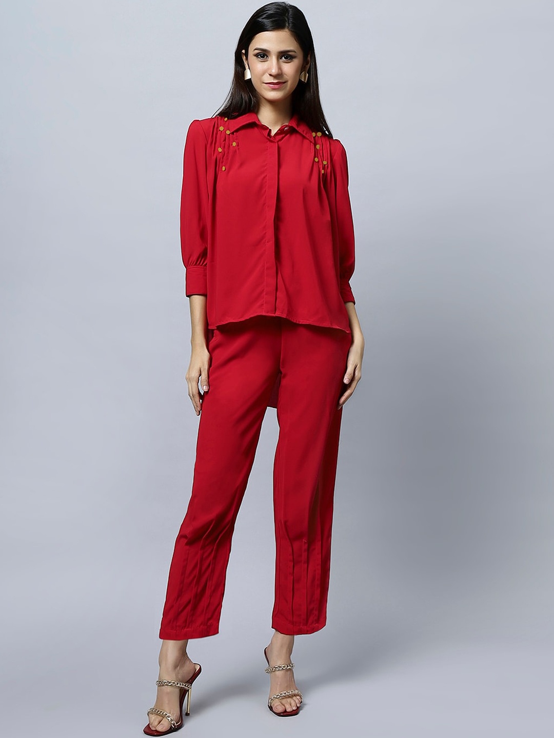 

Ashtag Shirt Collar Tunic With Trousers, Red