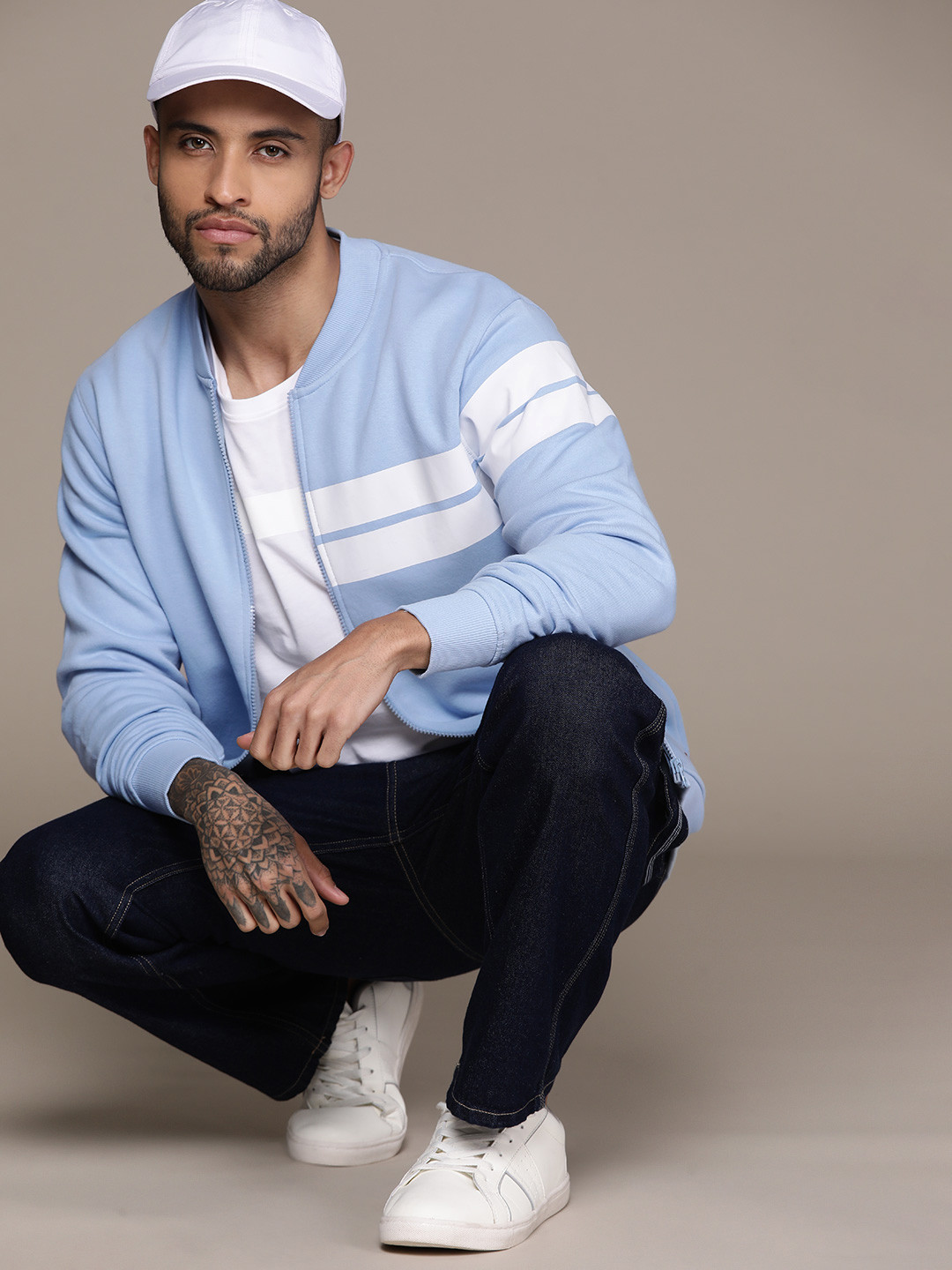 

The Roadster Lifestyle Co. Stand Collar Striped Front-Open Sweatshirt, Blue