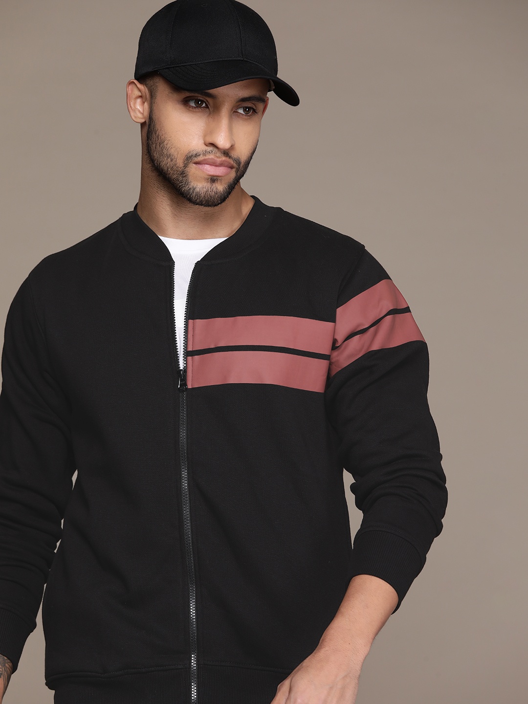 

The Roadster Lifestyle Co. Stand Collar Striped Zip Sweatshirt, Black